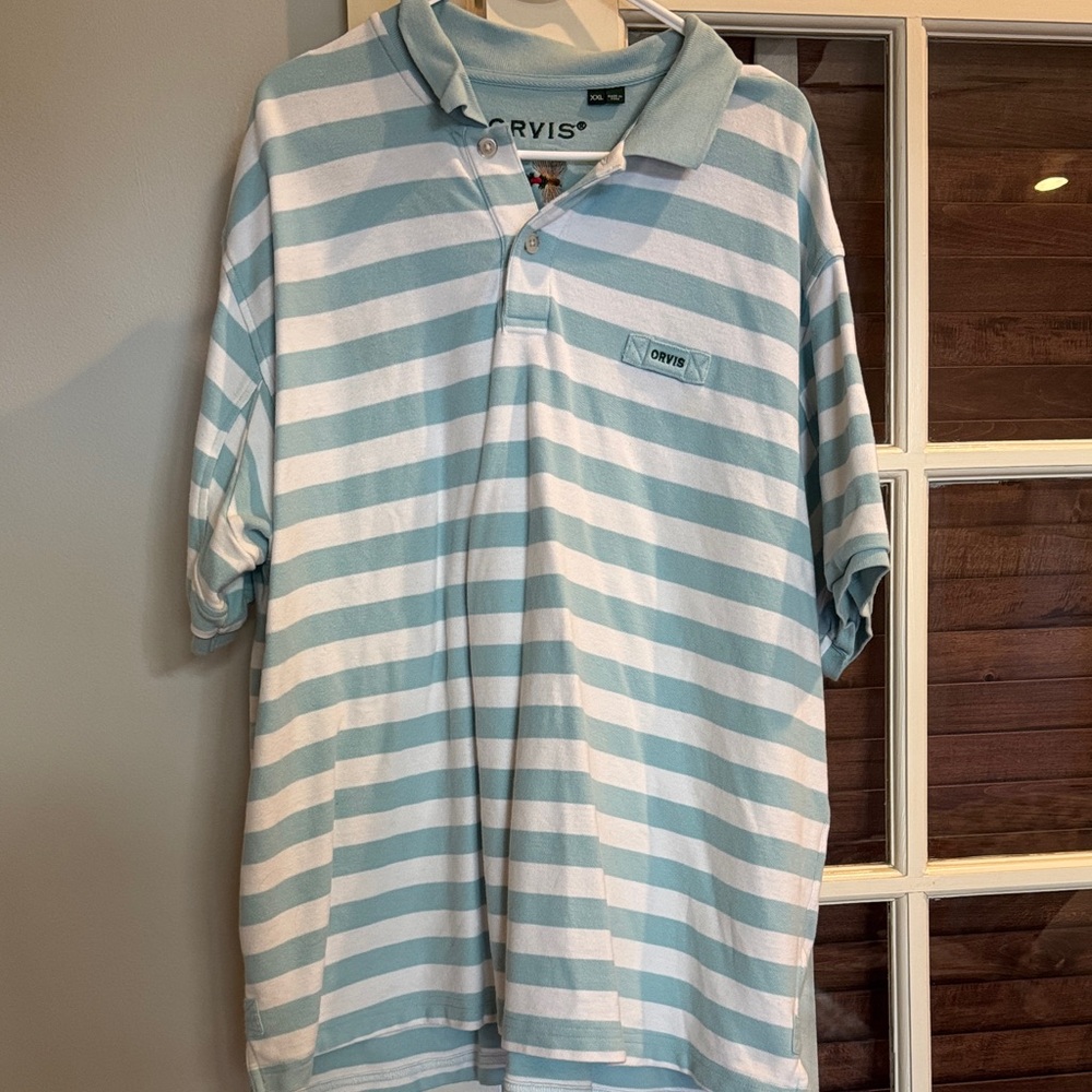 Orvis Light Blue and White Striped Polo